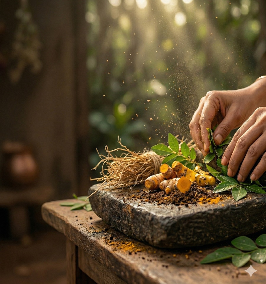Hands cradling freshly harvested vetiver roots, sunlight filtering through the stalks