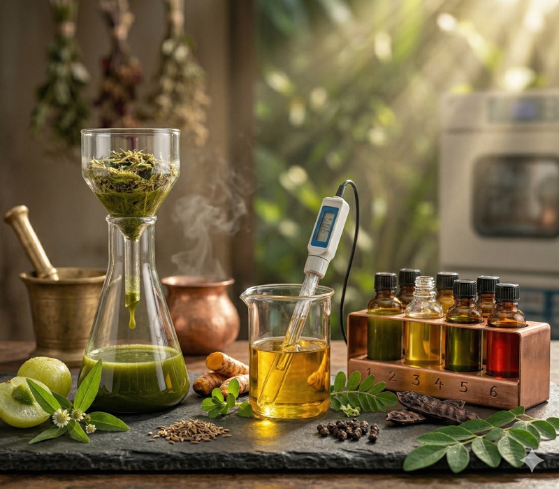 Botanical extracts in glass vessels on a wooden bench, warm amber light