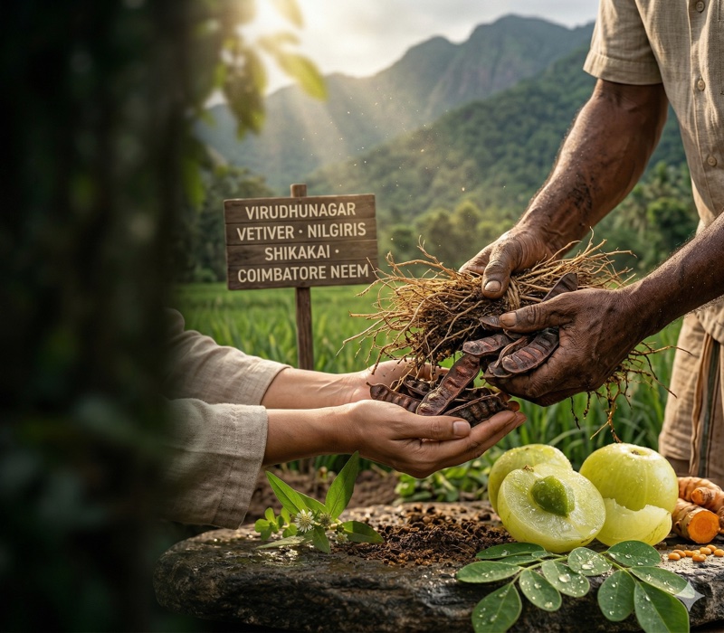 Rolling green hills of the Western Ghats at sunrise, traditional herb farming in the foreground