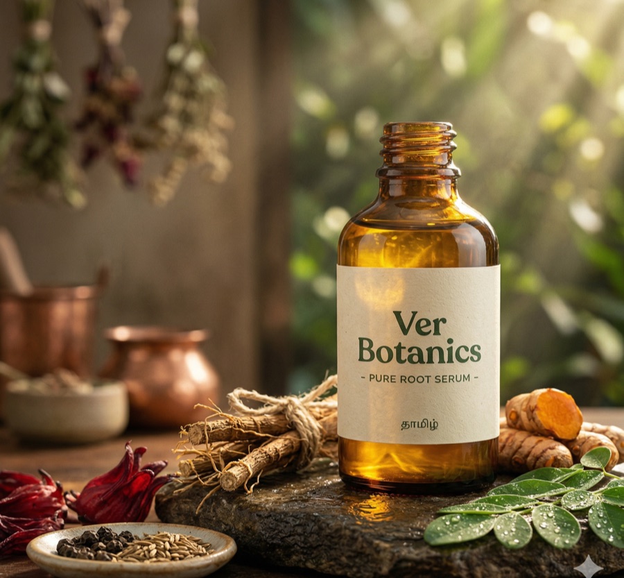 Botanical herbs and oils arranged on warm linen